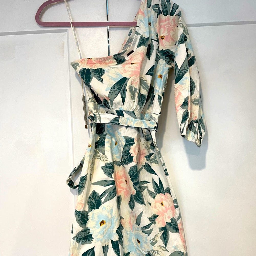 Billabong Floral One-Shoulder Mini Dress - Cream, Green, Pink